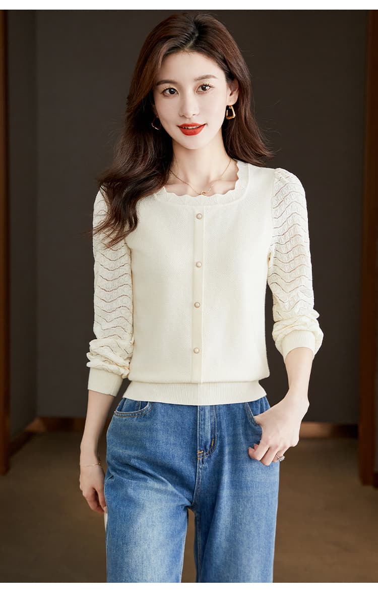 실사 104 프랑스식 홀로우 아웃 레이스 광장 칼라 풀오버 니트 패치워크 2026 가을 몸매 가꾸기 외국 가스 만나는 작은 셔츠 상세 이미지 12