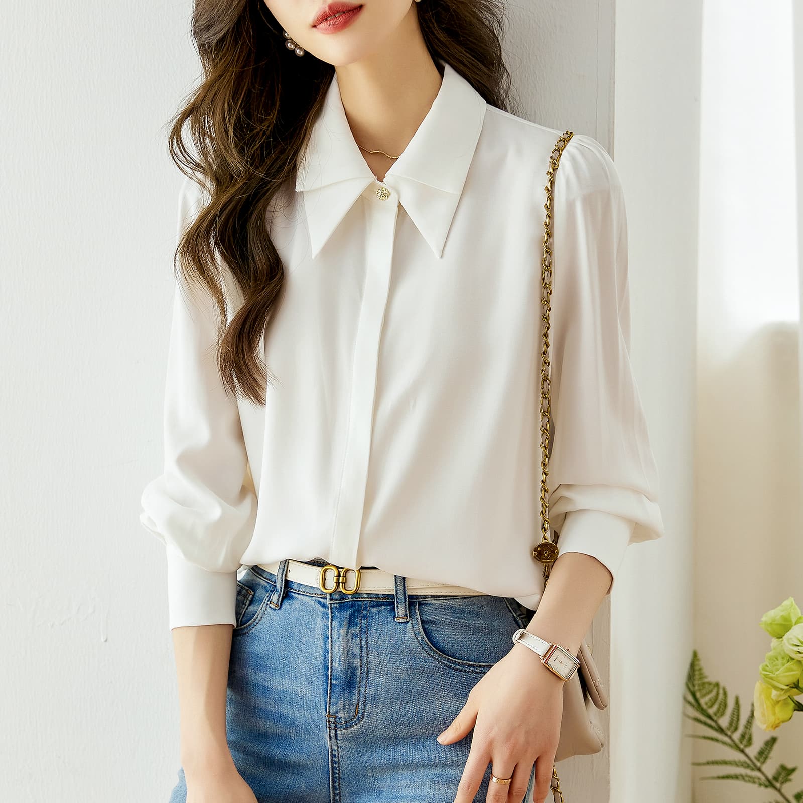 실사 893 화이트 긴팔 쉬폰 여성 셔츠 2026 년 새로운 경력 맨위 디자인 센스 작은 대중 셔츠
