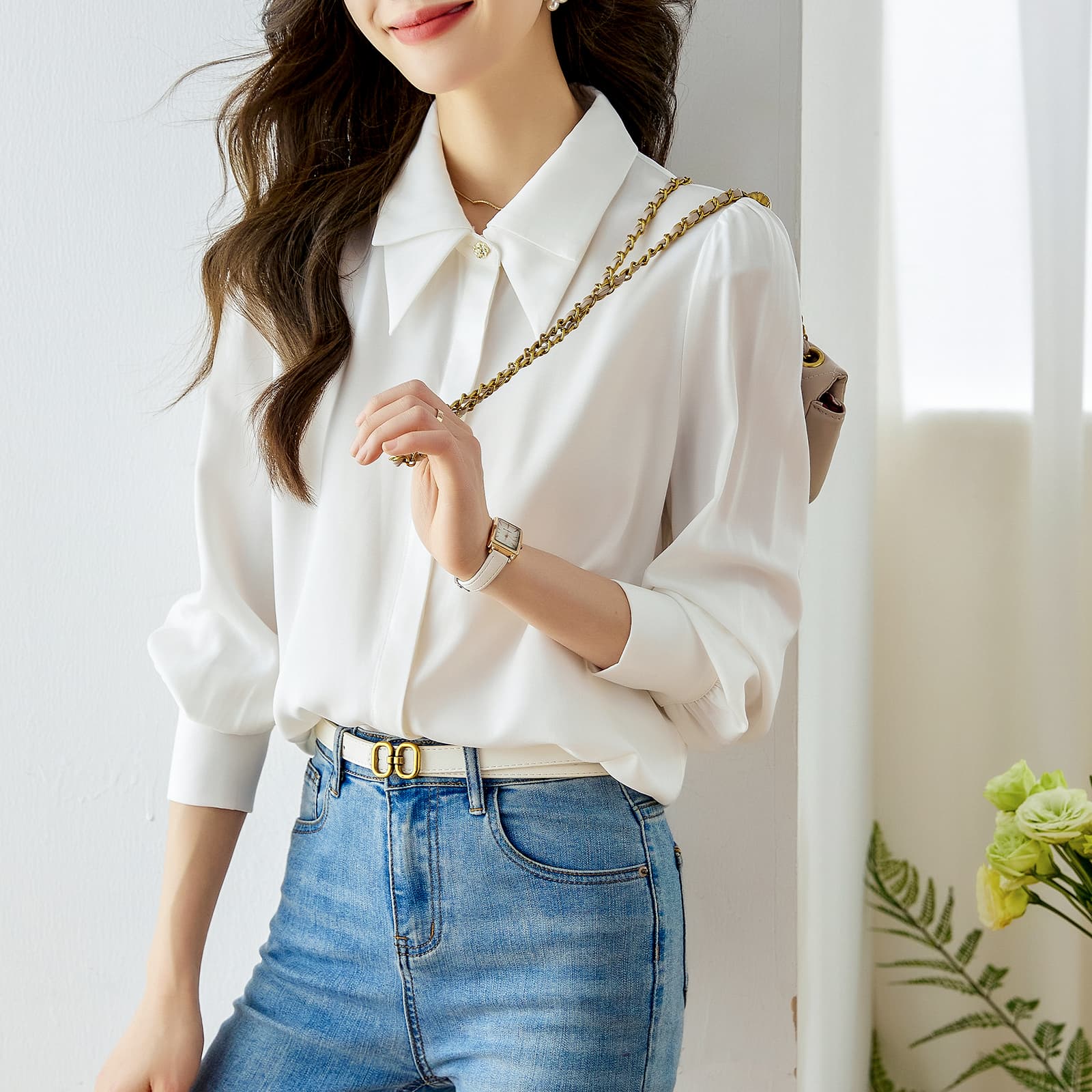 실사 893 화이트 긴팔 쉬폰 여성 셔츠 2026 년 새로운 경력 맨위 디자인 센스 작은 대중 셔츠 이미지 2
