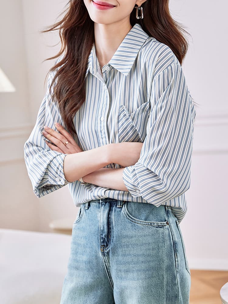 실사 c# 패션 스트라이프 여성 셔츠 2026 가을 한 부서 루즈핏 스택 착용 느긋한 바람 셔츠 여성 이미지 4