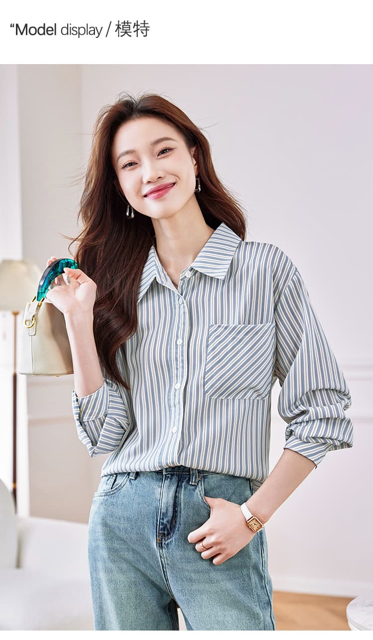 실사 c# 패션 스트라이프 여성 셔츠 2026 가을 한 부서 루즈핏 스택 착용 느긋한 바람 셔츠 여성 상세 이미지 6
