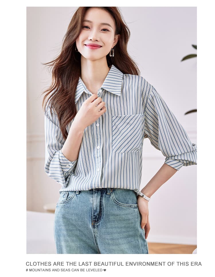 실사 c# 패션 스트라이프 여성 셔츠 2026 가을 한 부서 루즈핏 스택 착용 느긋한 바람 셔츠 여성 상세 이미지 11