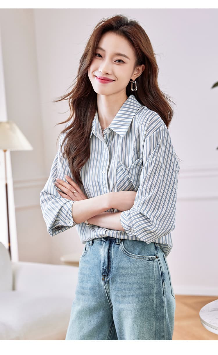 실사 c# 패션 스트라이프 여성 셔츠 2026 가을 한 부서 루즈핏 스택 착용 느긋한 바람 셔츠 여성 상세 이미지 13