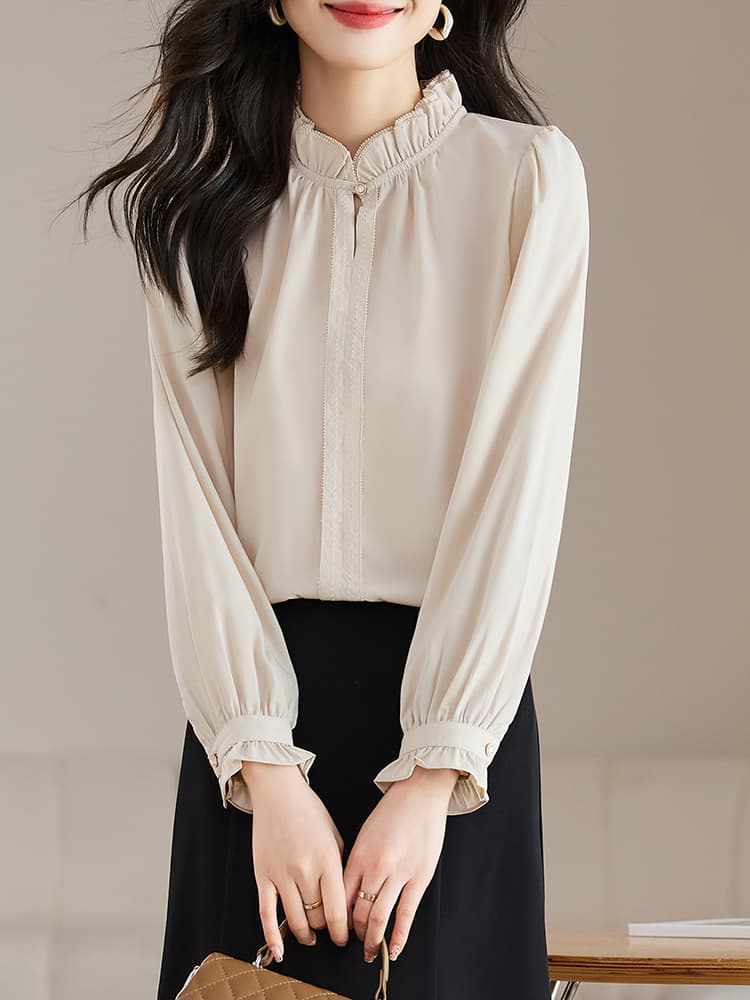 실사 프랑스식 레이스 스탠드 칼라 여성 셔츠 2026 가을 의상 새로운 고급 품격 쉬폰 셔츠 Chic 이미지 3