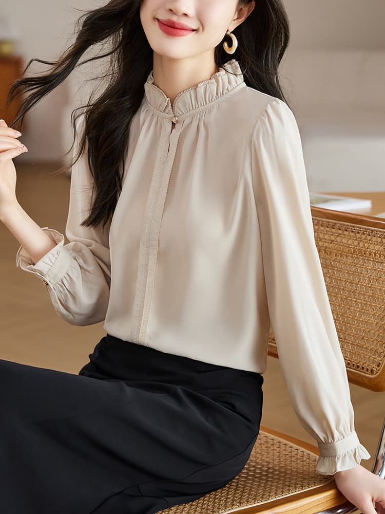 실사 프랑스식 레이스 스탠드 칼라 여성 셔츠 2026 가을 의상 새로운 고급 품격 쉬폰 셔츠 Chic 이미지 4
