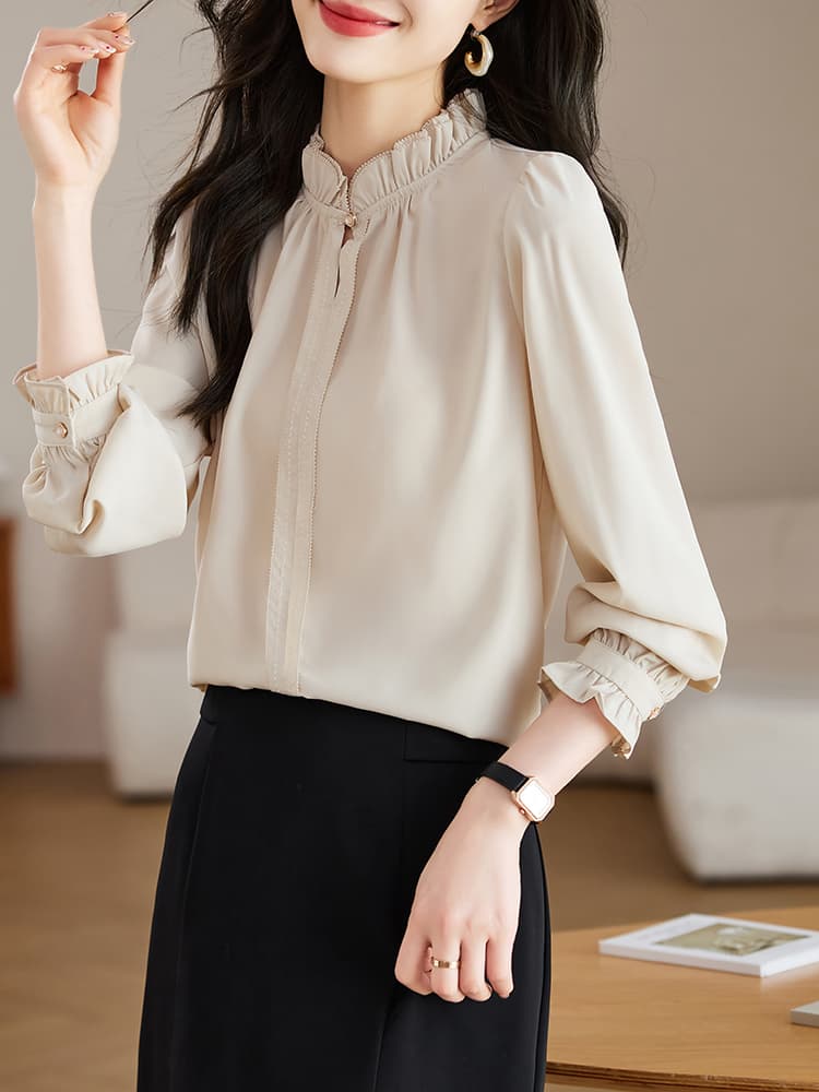 실사 프랑스식 레이스 스탠드 칼라 여성 셔츠 2026 가을 의상 새로운 고급 품격 쉬폰 셔츠 Chic