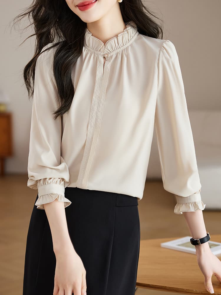 실사 프랑스식 레이스 스탠드 칼라 여성 셔츠 2026 가을 의상 새로운 고급 품격 쉬폰 셔츠 Chic 이미지 2