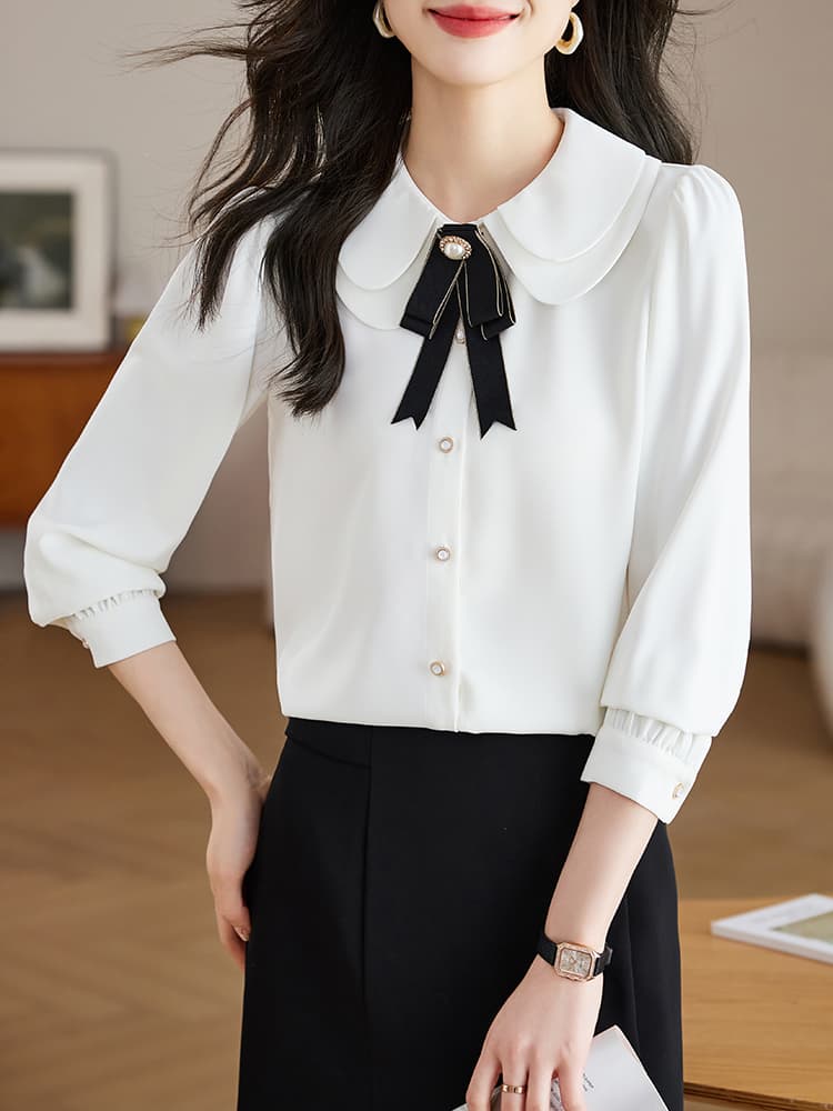 실사 화이트 여성 셔츠 2026 가을 긴팔 이중층 베이비 칼라 나비 매듭 셔츠 외국 가스 연령 감소