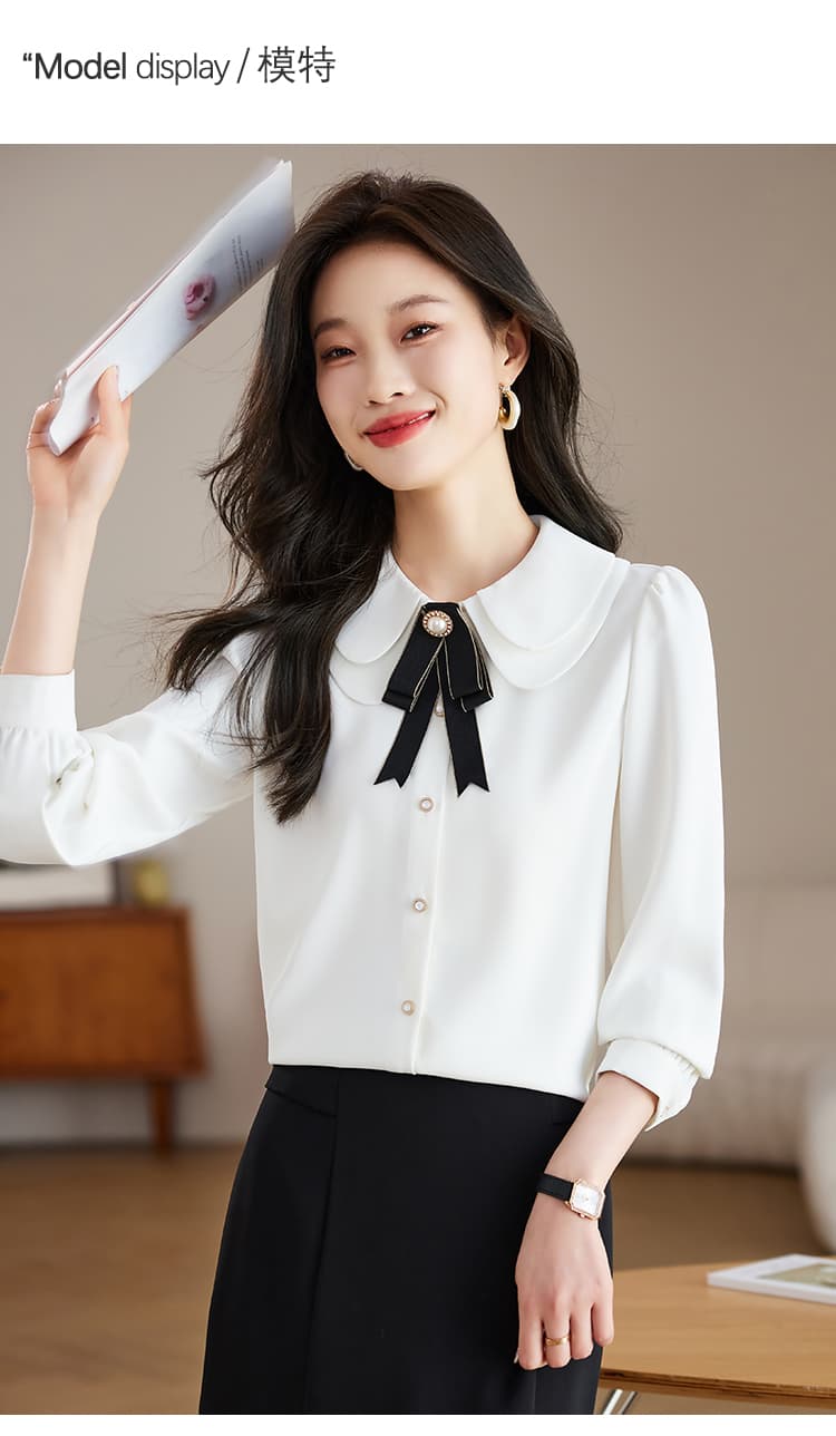 실사 화이트 여성 셔츠 2026 가을 긴팔 이중층 베이비 칼라 나비 매듭 셔츠 외국 가스 연령 감소 상세 이미지 6