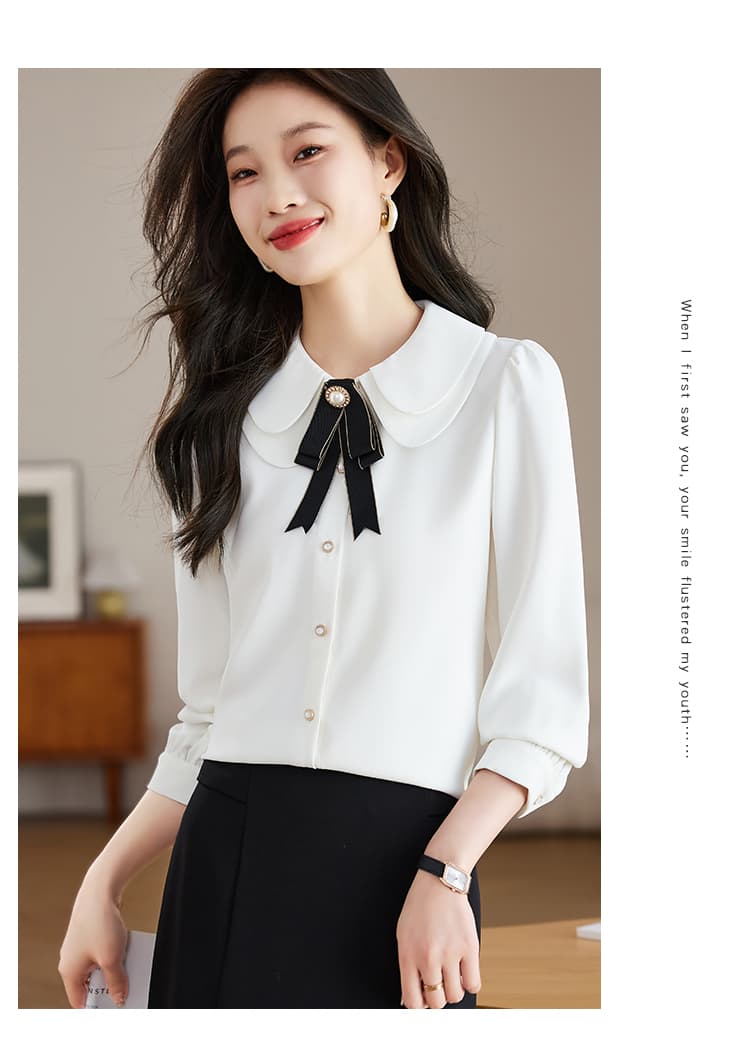 실사 화이트 여성 셔츠 2026 가을 긴팔 이중층 베이비 칼라 나비 매듭 셔츠 외국 가스 연령 감소 상세 이미지 8