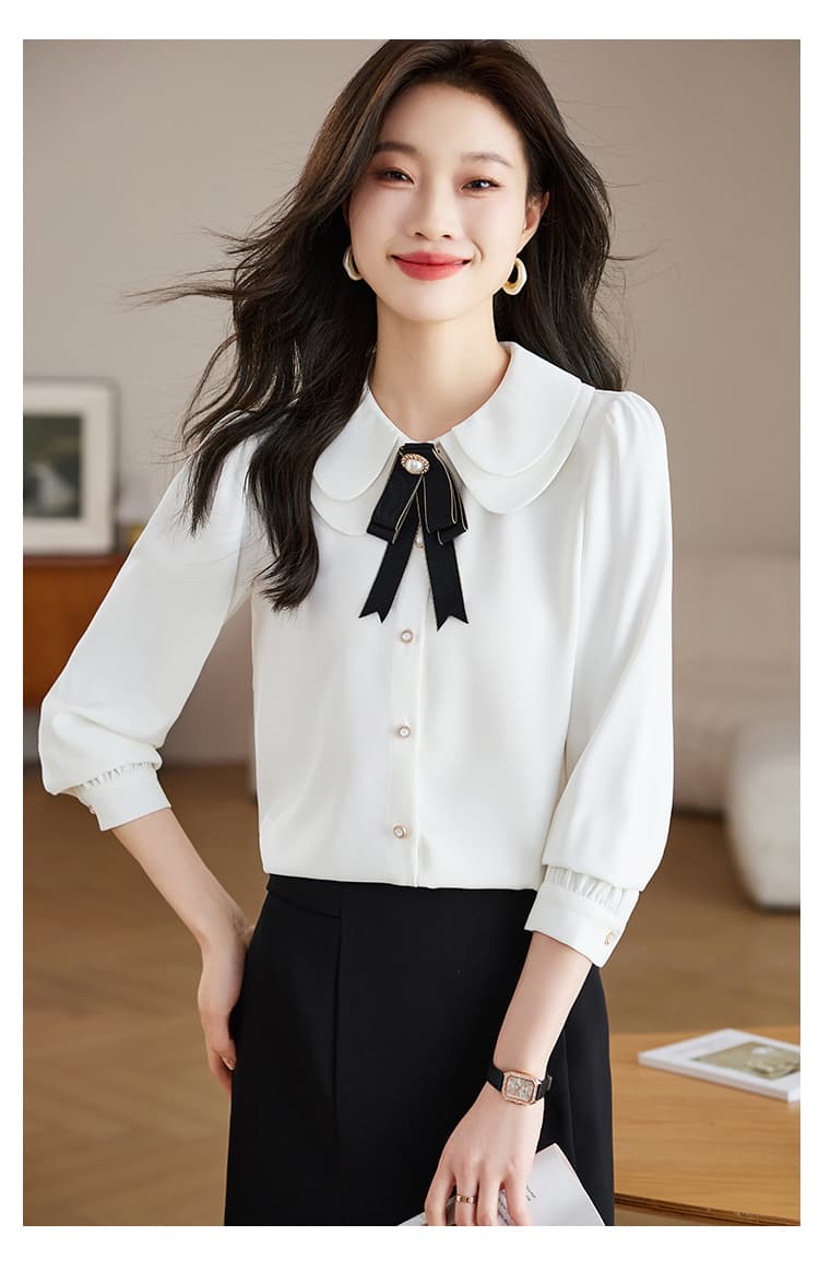 실사 화이트 여성 셔츠 2026 가을 긴팔 이중층 베이비 칼라 나비 매듭 셔츠 외국 가스 연령 감소 상세 이미지 9