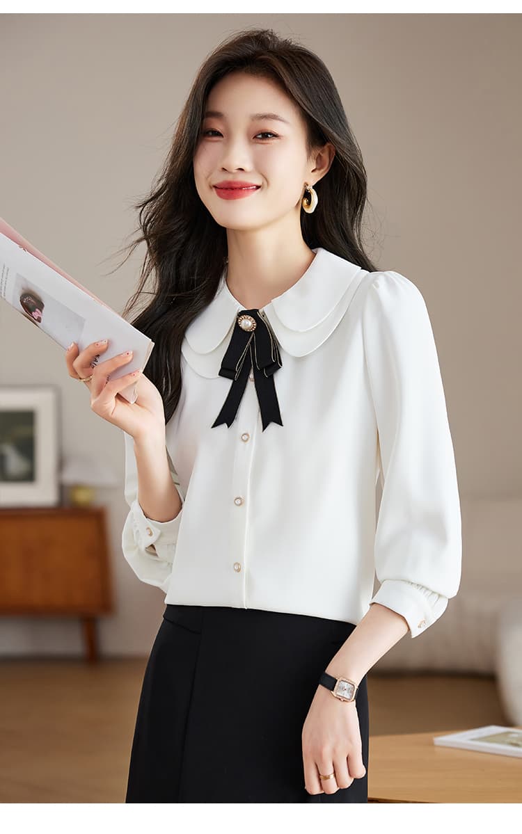 실사 화이트 여성 셔츠 2026 가을 긴팔 이중층 베이비 칼라 나비 매듭 셔츠 외국 가스 연령 감소 상세 이미지 12