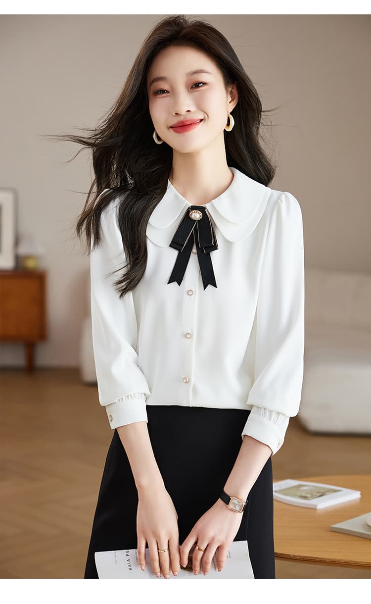 실사 화이트 여성 셔츠 2026 가을 긴팔 이중층 베이비 칼라 나비 매듭 셔츠 외국 가스 연령 감소 상세 이미지 13