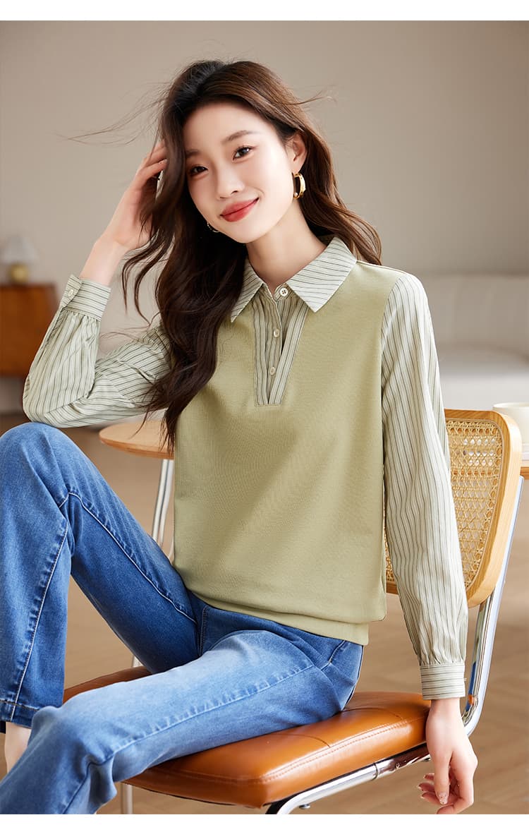 실사 프랑스식 스트라이프 페이크 레이어드 긴팔 여성 셔츠 2026 가을 Chic 니트 패치워크 후드티 여성 상세 이미지 10