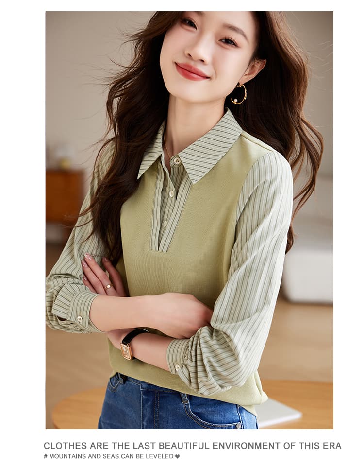 실사 프랑스식 스트라이프 페이크 레이어드 긴팔 여성 셔츠 2026 가을 Chic 니트 패치워크 후드티 여성 상세 이미지 11