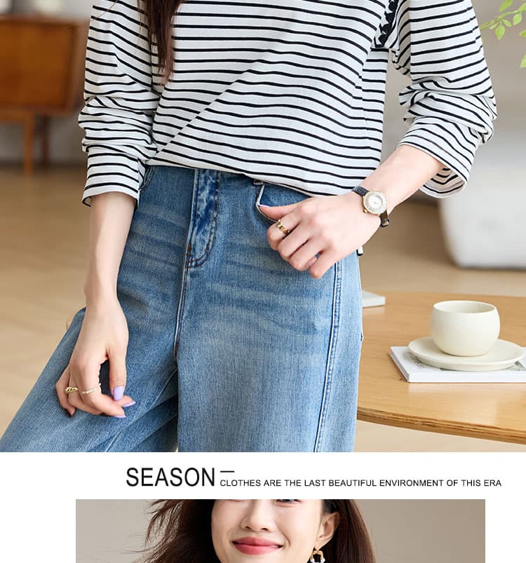 실사 Chic 배색 스트라이프 긴팔 T 여성 2026 가을 새로운 자수 디자인 센스 루즈핏 라운드 넥 상세 이미지 6