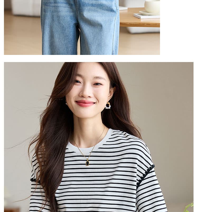 실사 Chic 배색 스트라이프 긴팔 T 여성 2026 가을 새로운 자수 디자인 센스 루즈핏 라운드 넥 상세 이미지 9