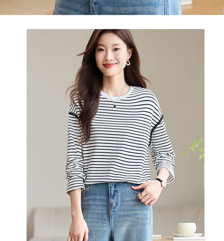실사 Chic 배색 스트라이프 긴팔 T 여성 2026 가을 새로운 자수 디자인 센스 루즈핏 라운드 넥 상세 이미지 12