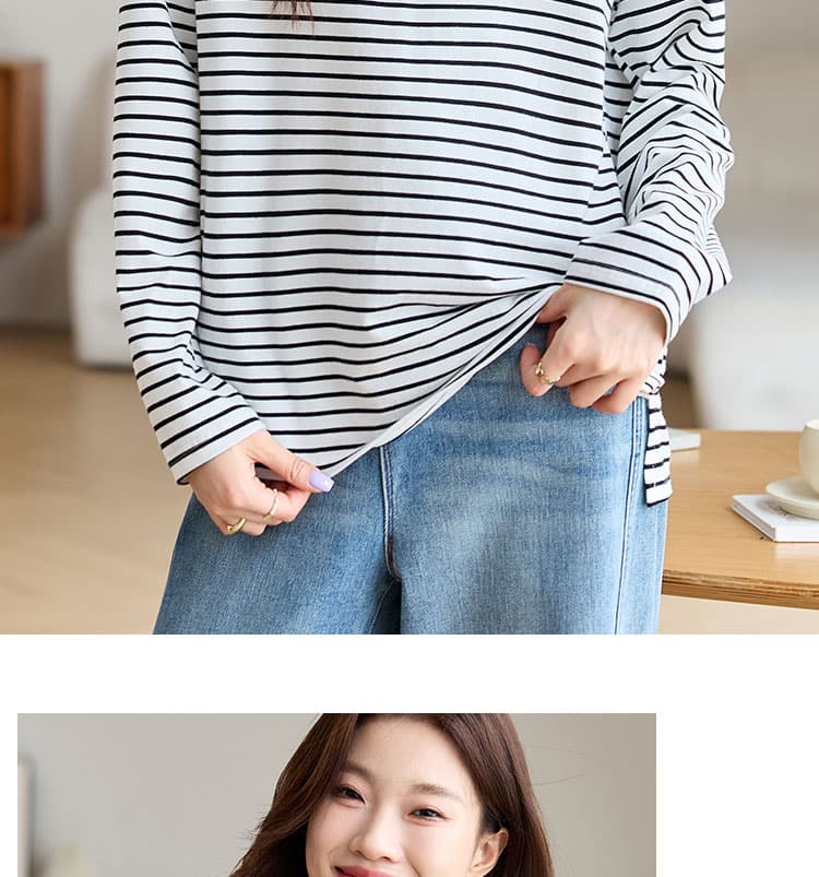 실사 Chic 배색 스트라이프 긴팔 T 여성 2026 가을 새로운 자수 디자인 센스 루즈핏 라운드 넥 상세 이미지 14