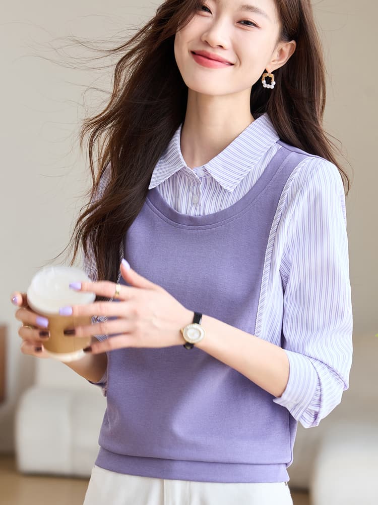 실사 긴팔 페이크 레이어드 여성 셔츠 표지 배 2026 가을 패션 실크 셔츠 품격 작은 셔츠 이미지 3