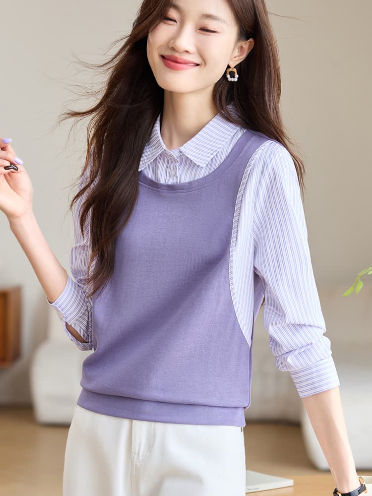 실사 긴팔 페이크 레이어드 여성 셔츠 표지 배 2026 가을 패션 실크 셔츠 품격 작은 셔츠