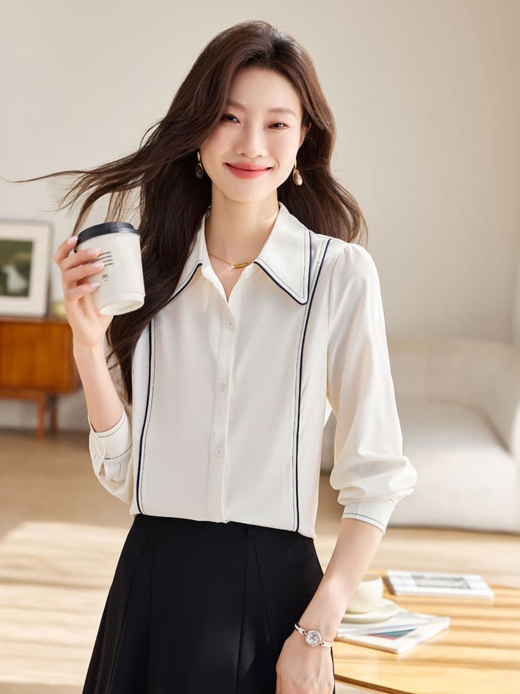 실사 베이지 색 POLO 칼라 긴팔 쉬폰 여성 셔츠 2026 가을 경력 출퇴근 맨위 여성 이미지 2