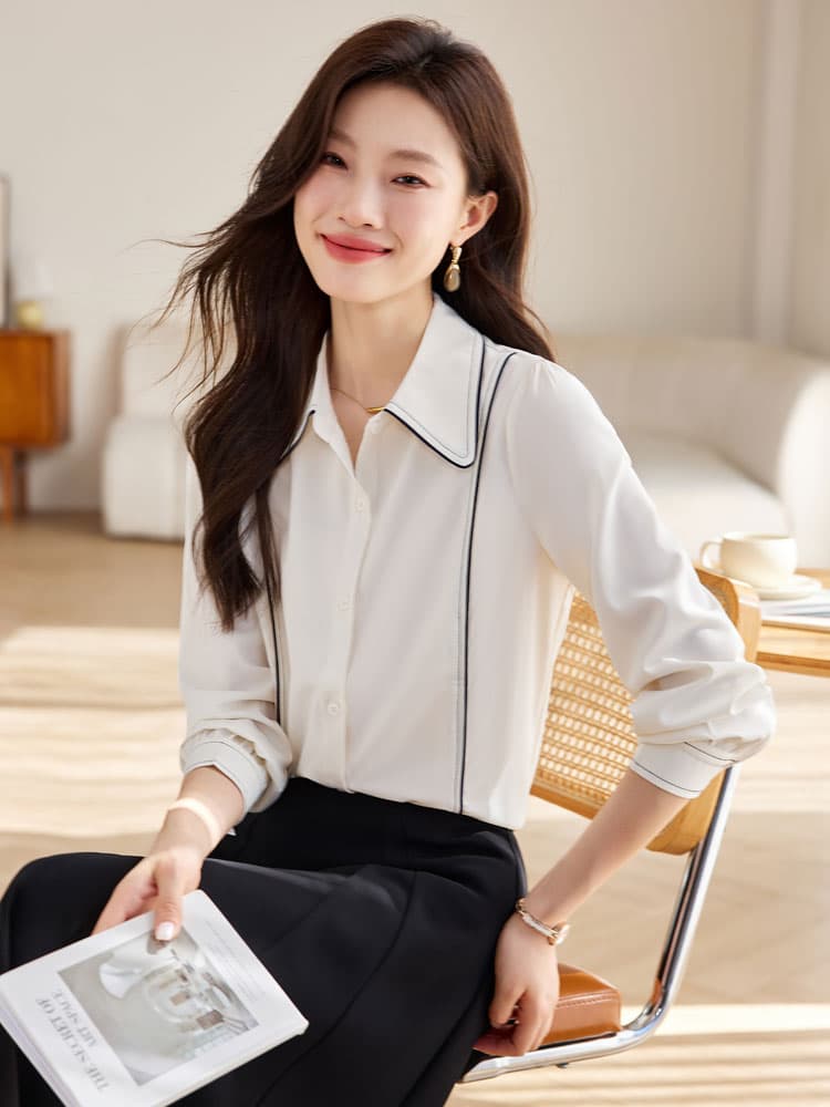 실사 베이지 색 POLO 칼라 긴팔 쉬폰 여성 셔츠 2026 가을 경력 출퇴근 맨위 여성 이미지 4