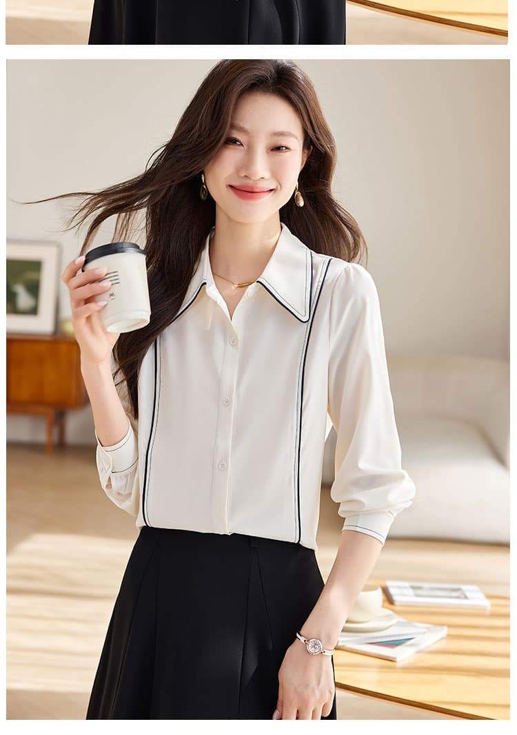 실사 베이지 색 POLO 칼라 긴팔 쉬폰 여성 셔츠 2026 가을 경력 출퇴근 맨위 여성 상세 이미지 10