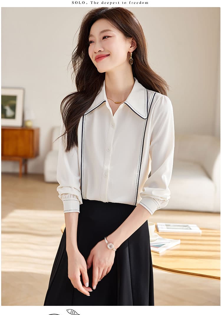 실사 베이지 색 POLO 칼라 긴팔 쉬폰 여성 셔츠 2026 가을 경력 출퇴근 맨위 여성 상세 이미지 11