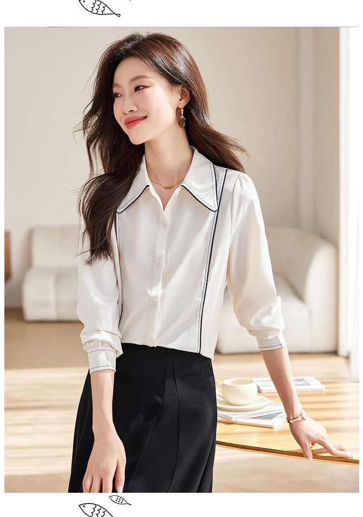 실사 베이지 색 POLO 칼라 긴팔 쉬폰 여성 셔츠 2026 가을 경력 출퇴근 맨위 여성 상세 이미지 12