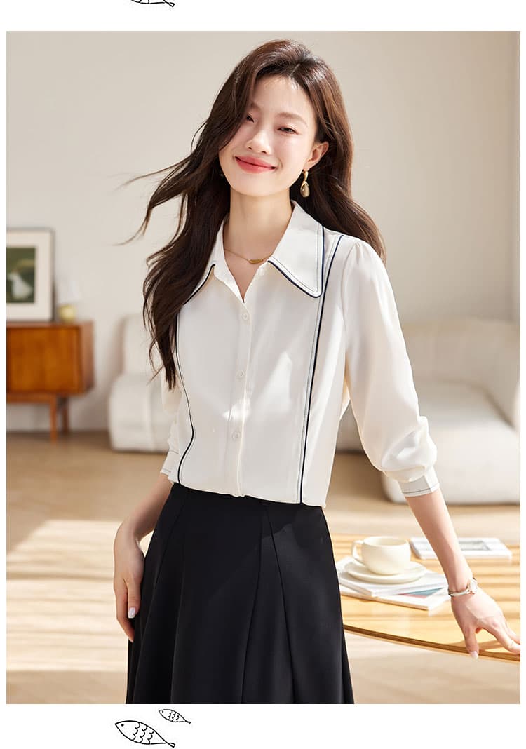 실사 베이지 색 POLO 칼라 긴팔 쉬폰 여성 셔츠 2026 가을 경력 출퇴근 맨위 여성 상세 이미지 13