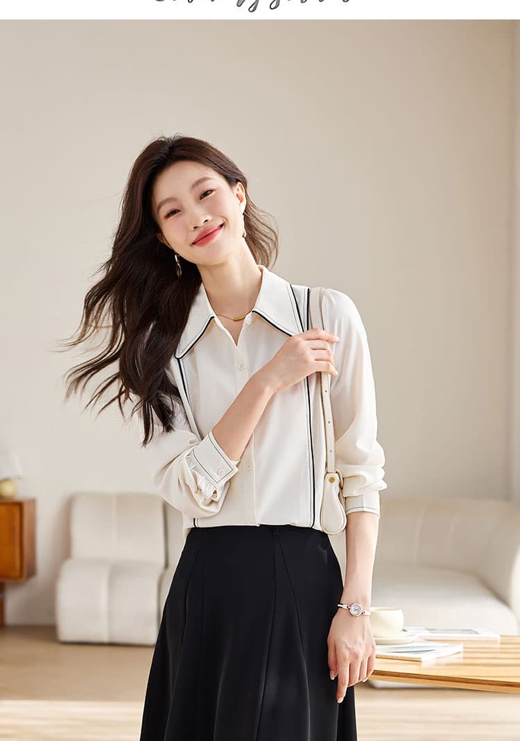 실사 베이지 색 POLO 칼라 긴팔 쉬폰 여성 셔츠 2026 가을 경력 출퇴근 맨위 여성 상세 이미지 15