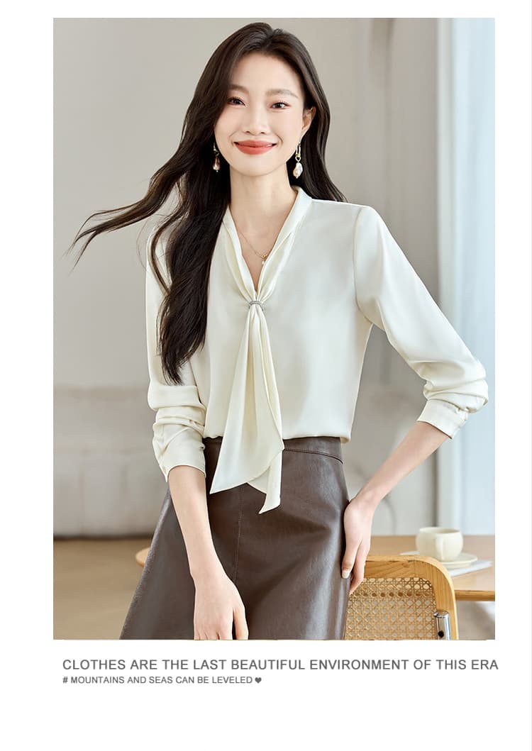 실사 2026 가을 새로운 리본 칼라 몸매 가꾸기 슬림해 보이는 패션 연령 감소 풀오버 긴팔 쉬폰 셔츠 상세 이미지 9