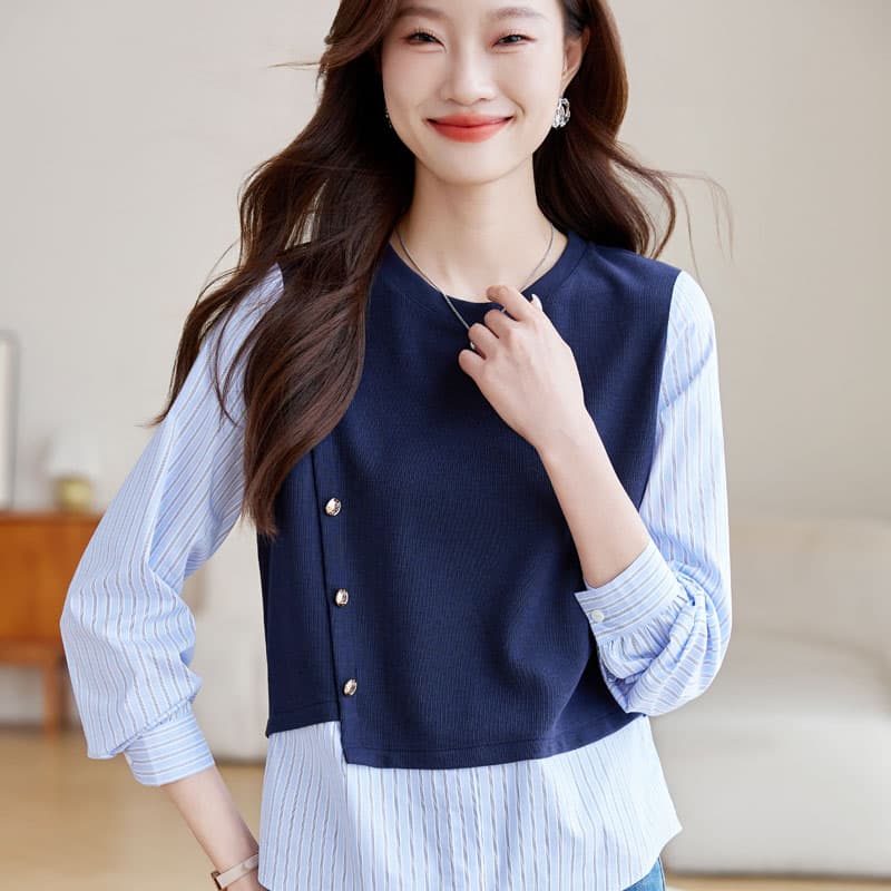 실사 페이크 레이어드 스트라이프 긴팔 셔츠 여성 2026 가을 의상 새로운 니트 패치워크 레트로 유럽 상품