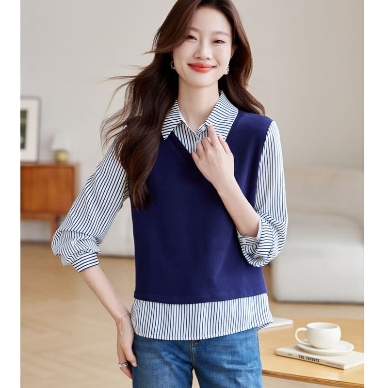 실사 페이크 레이어드 스트라이프 여성 셔츠 2026 가을 의상 새로운 V넥 유럽 상품 레트로 디자인 센스 패치워크 이미지 3
