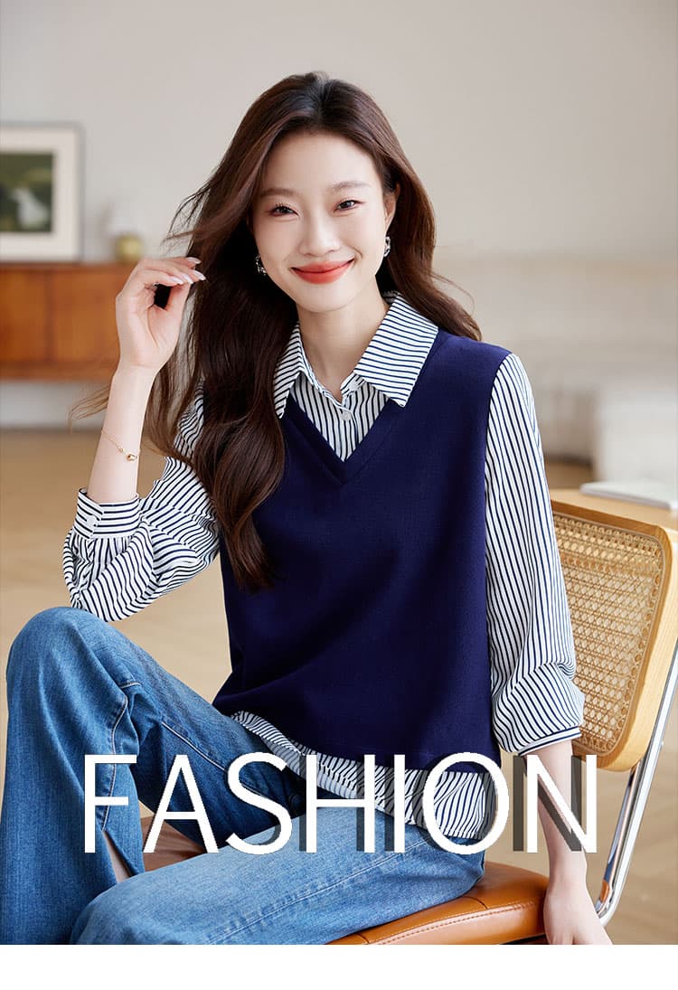 실사 페이크 레이어드 스트라이프 여성 셔츠 2026 가을 의상 새로운 V넥 유럽 상품 레트로 디자인 센스 패치워크 상세 이미지 1