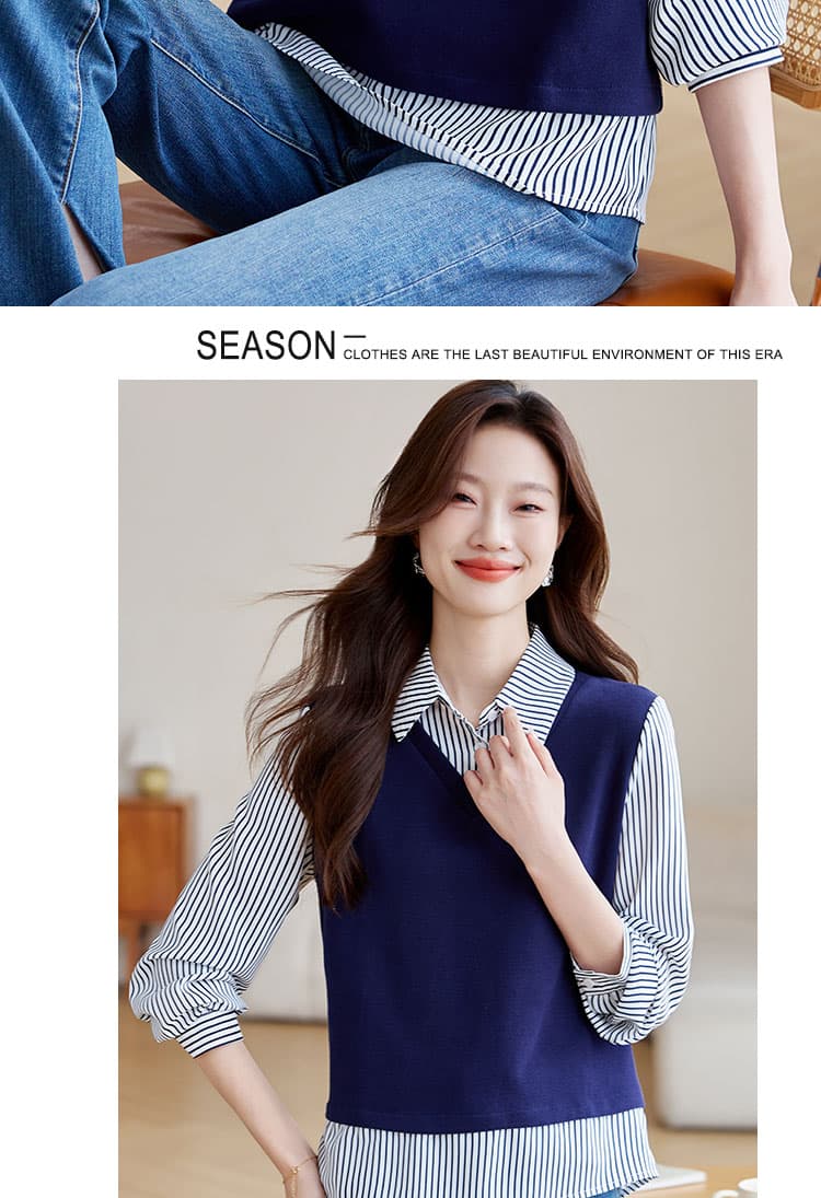 실사 페이크 레이어드 스트라이프 여성 셔츠 2026 가을 의상 새로운 V넥 유럽 상품 레트로 디자인 센스 패치워크 상세 이미지 5