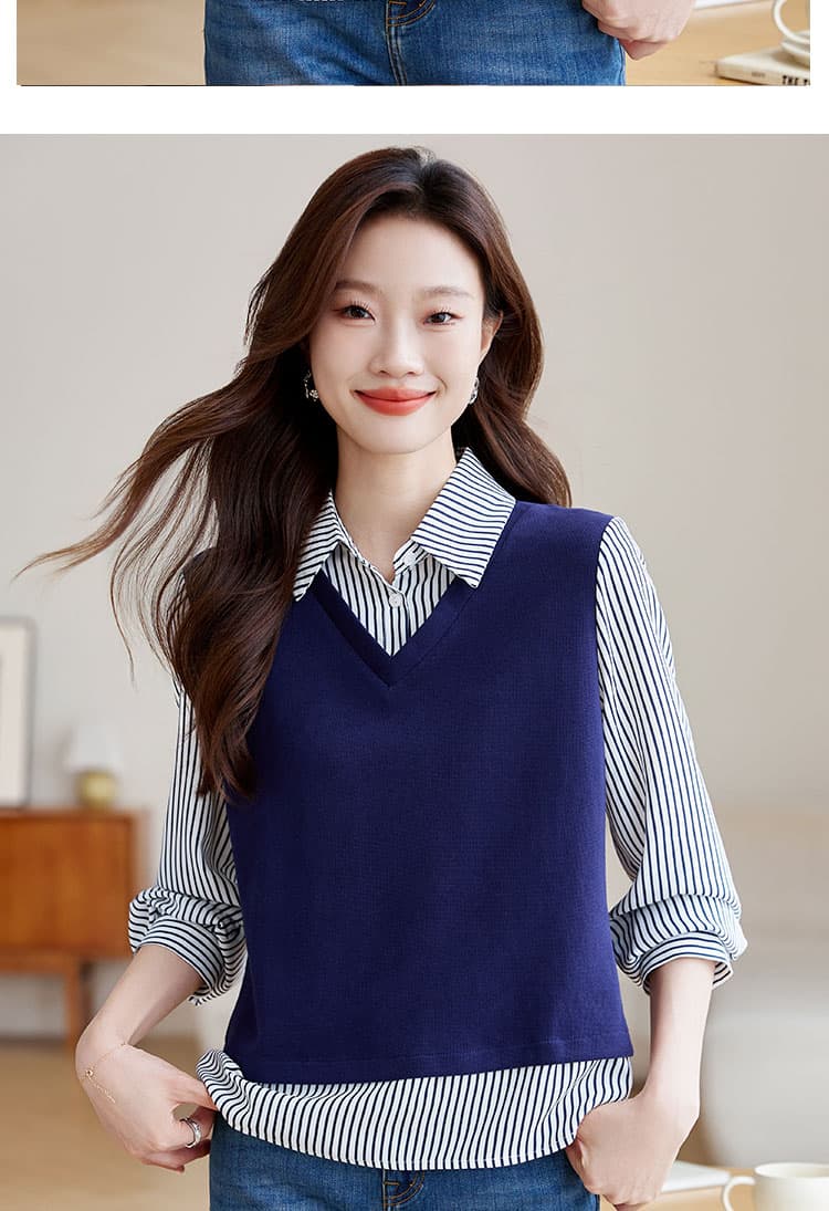실사 페이크 레이어드 스트라이프 여성 셔츠 2026 가을 의상 새로운 V넥 유럽 상품 레트로 디자인 센스 패치워크 상세 이미지 8