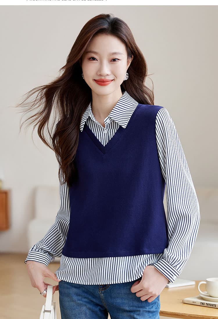 실사 페이크 레이어드 스트라이프 여성 셔츠 2026 가을 의상 새로운 V넥 유럽 상품 레트로 디자인 센스 패치워크 상세 이미지 10