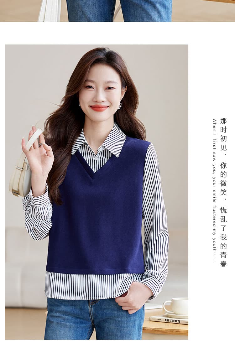 실사 페이크 레이어드 스트라이프 여성 셔츠 2026 가을 의상 새로운 V넥 유럽 상품 레트로 디자인 센스 패치워크 상세 이미지 11