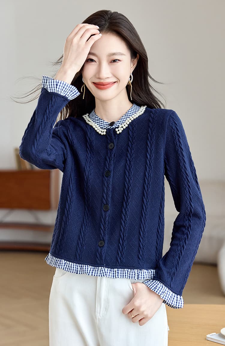 실사 프랑스식 작은 샤넬 스타일 2026 가을 새로운 긴팔 레트로 비즈 박기 패치워크 디자인 페이크 레이어드 맨위 상세 이미지 8