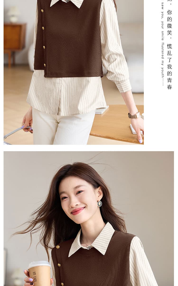 실사 학원 스타일 페이크 레이어드 스트라이프 polo 여성 셔츠 가을 의상 2026 새로운 스택 착용 패치워크 색상 맨위 상세 이미지 6
