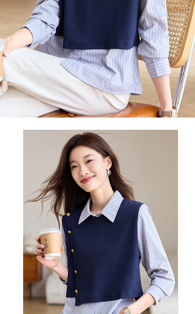 실사 학원 스타일 페이크 레이어드 스트라이프 polo 여성 셔츠 가을 의상 2026 새로운 스택 착용 패치워크 색상 맨위 상세 이미지 8