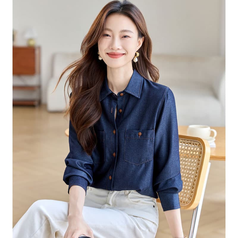 실사 2531 홍콩 스타일 레트로 진한 파란색 긍정적 인 어깨 여성 셔츠 2026 가을 품격 캐주얼 루즈핏 슬림해 보이는 긴팔 맨위 이미지 4