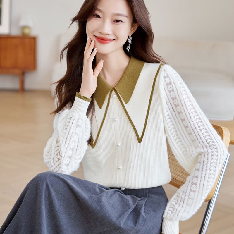 실사 패션 작은 샤넬 스타일 맨위 2026 가을 새로운 프랑스식 레트로 배색 폴로 칼라 니트 패치워크 이미지 4