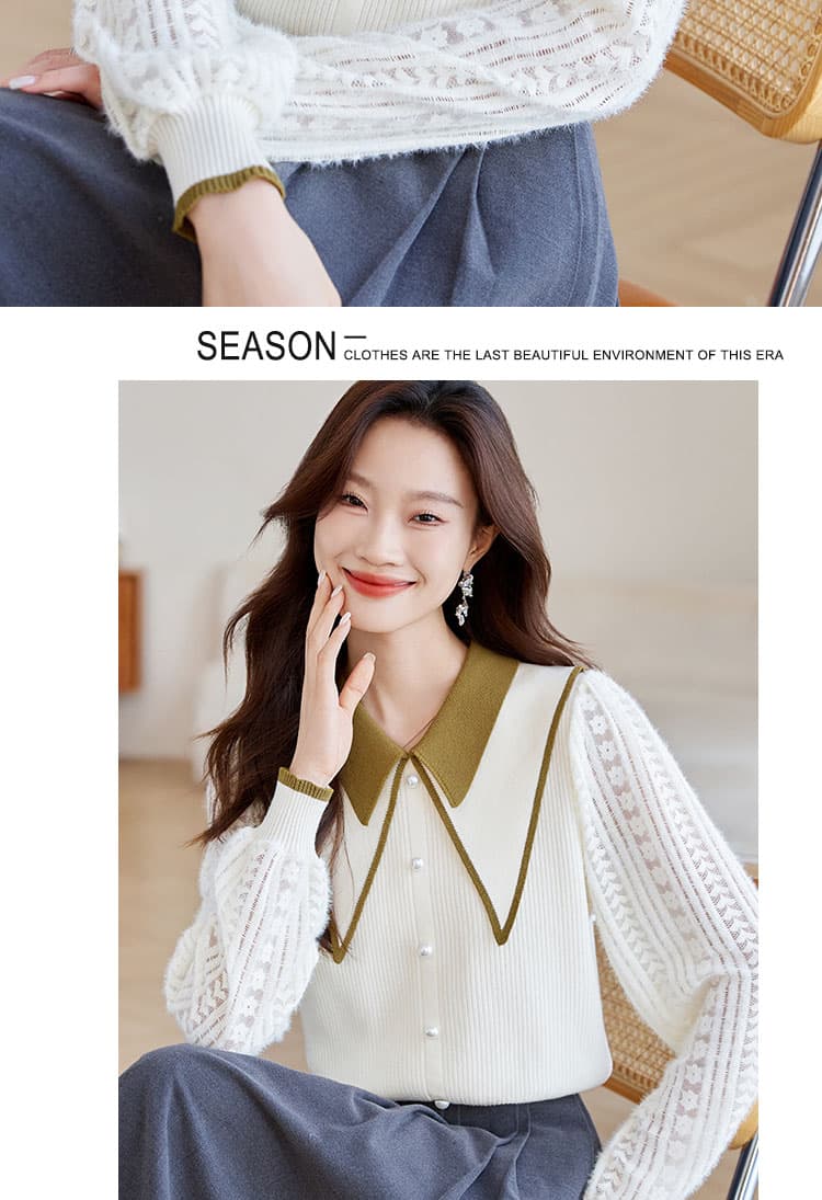 실사 패션 작은 샤넬 스타일 맨위 2026 가을 새로운 프랑스식 레트로 배색 폴로 칼라 니트 패치워크 상세 이미지 5