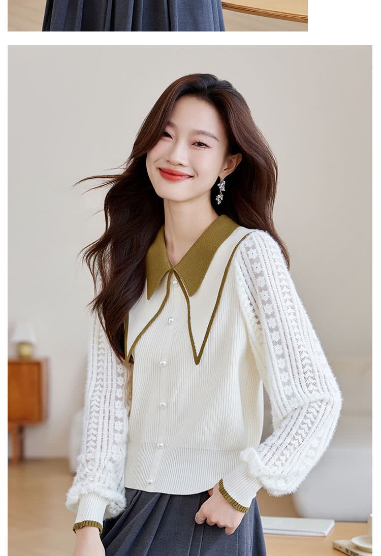 실사 패션 작은 샤넬 스타일 맨위 2026 가을 새로운 프랑스식 레트로 배색 폴로 칼라 니트 패치워크 상세 이미지 7
