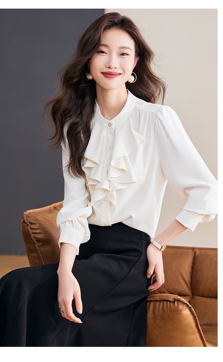 실사 2417 경력 출퇴근 품격 쉬폰 긴팔 셔츠 여성 의류 2026 가을 새로운 스탠드 칼라 프릴 작은 셔츠 상세 이미지 13