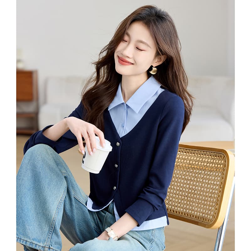 실사 2026 가을 레트로 학원 스타일 후드티 여성 페이크 레이어드 셔츠 칼라 패치워크 니트 맨위 이미지 4