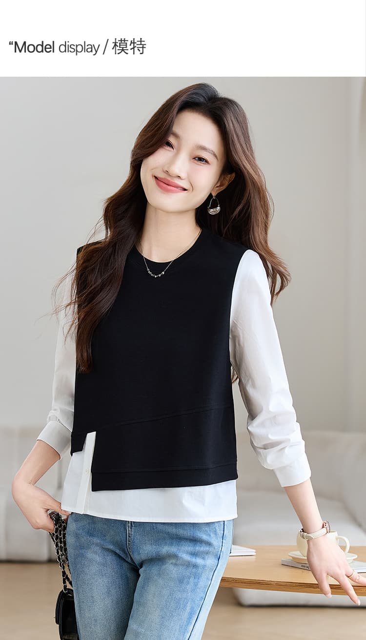 실사 디자인 센스 작은 대중 페이크 레이어드 니트 패치워크 셔츠 여성 긴 소매 2026 가을 풀오버 프랑스식 상세 이미지 4